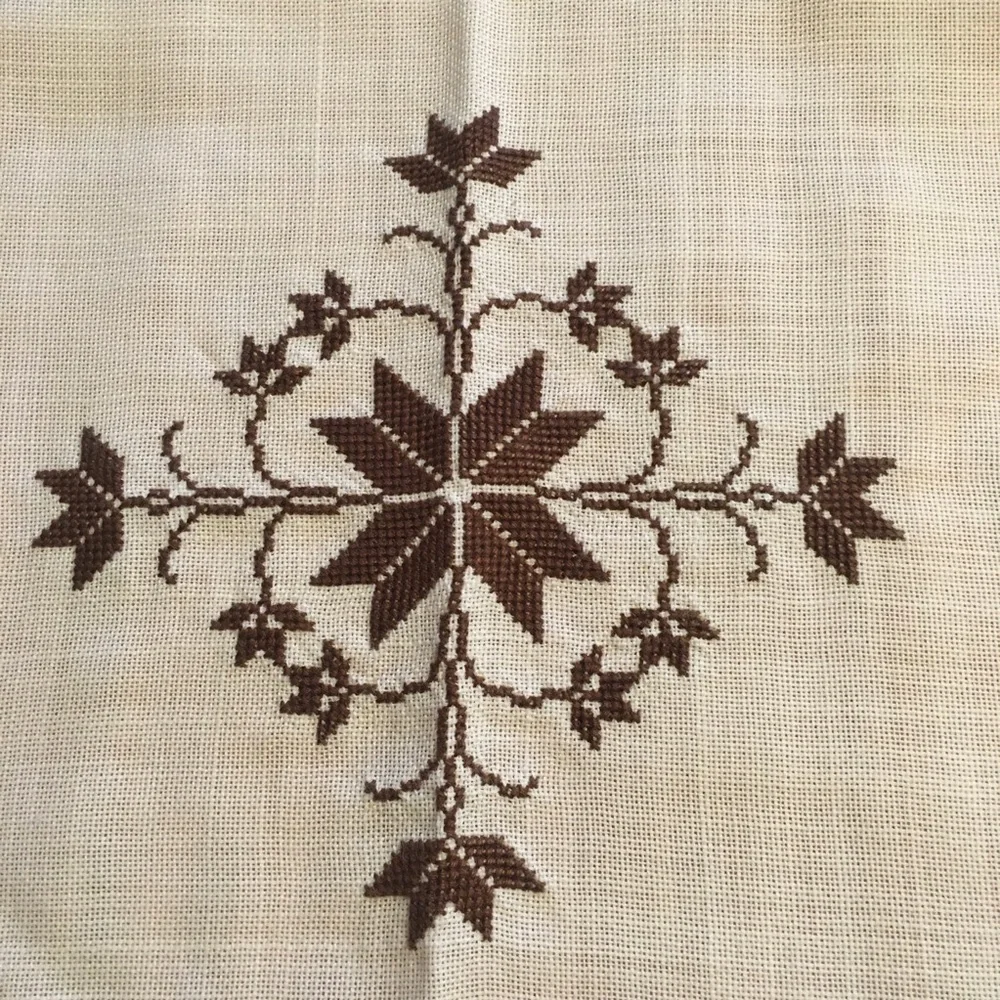 Vintage Linen Table Topper Floral Star Cross Stitch 26” square